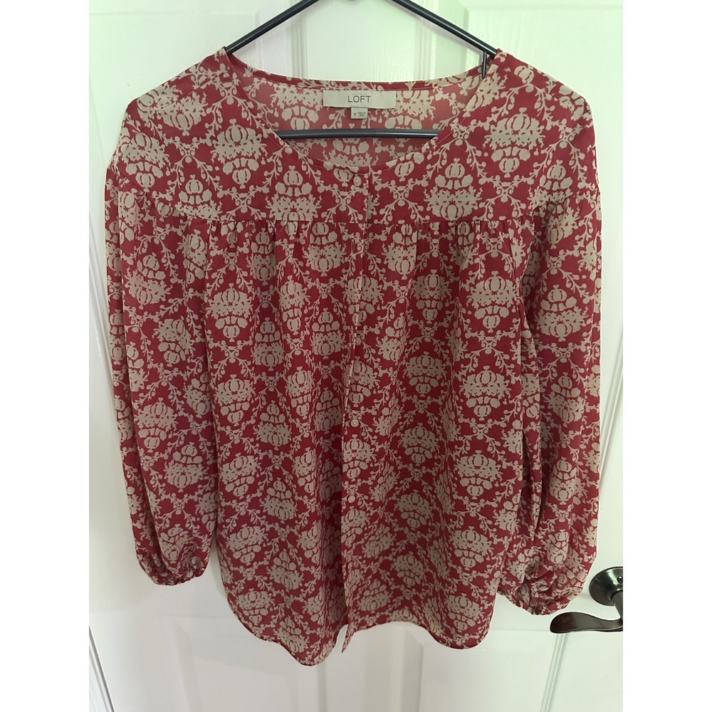 Women's LOFT Floral Chiffon Peasant Boho Button Front Long Sleeve Top Blouse Med